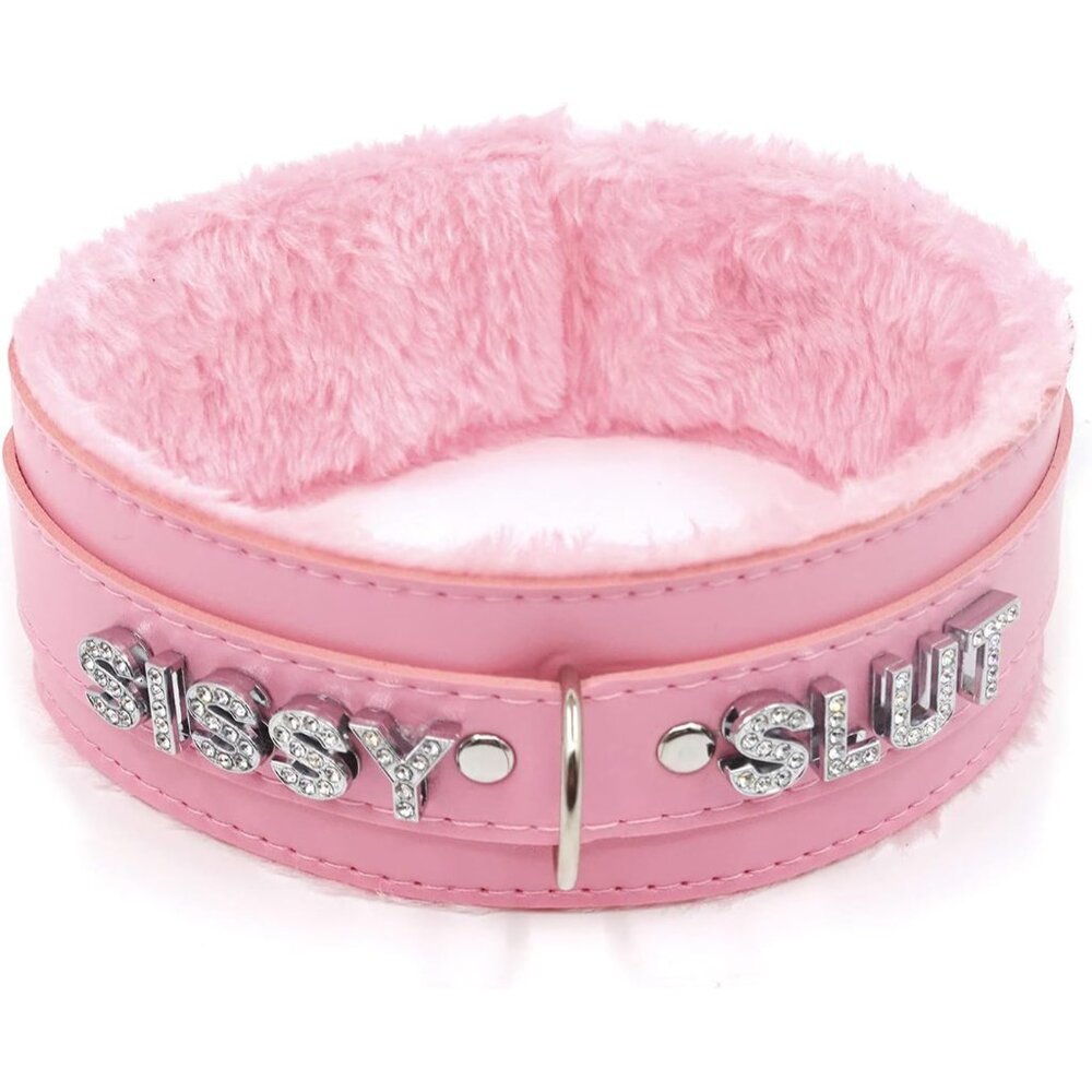 Women Pink Leather Choker Necklace Punk Gothic Fluffy Letter Collar